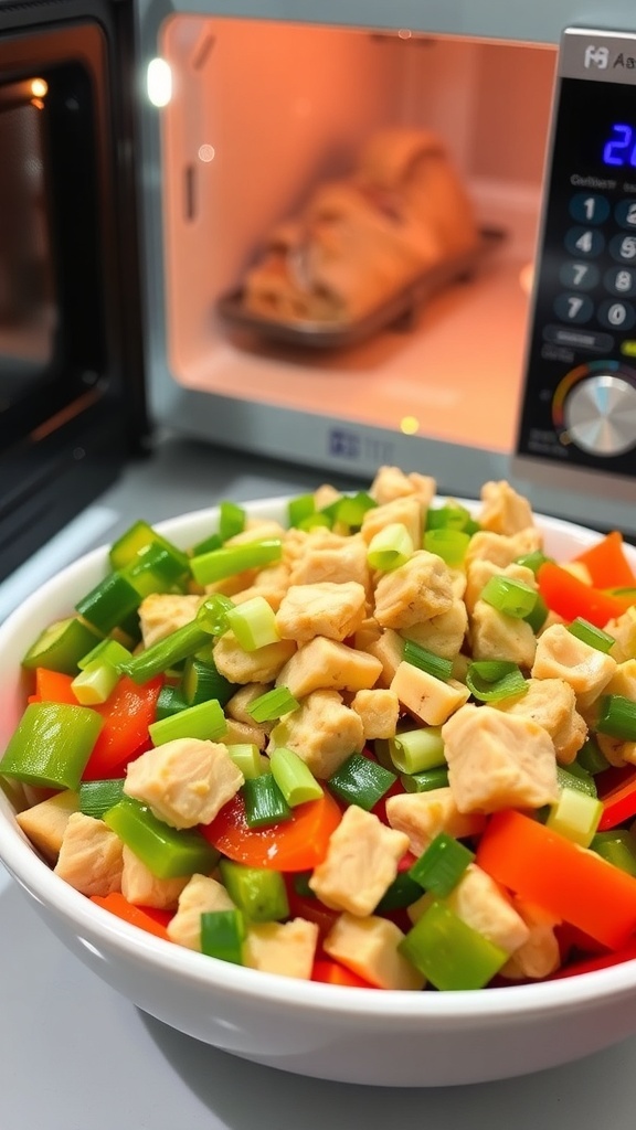 Classic 1960s Microwave Recipe A bowl of microwave-cooked mixed vegetables and chicken, garnished with green onions, in a modern kitchen.